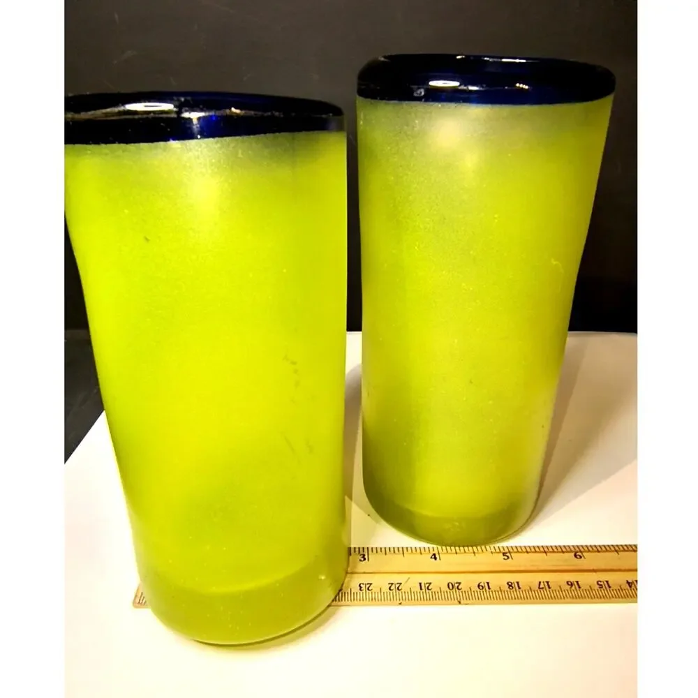 1858.  Vintage Handmade Mexican Art Glasses Hand Blown Yellow Frosted Cobalt Rim